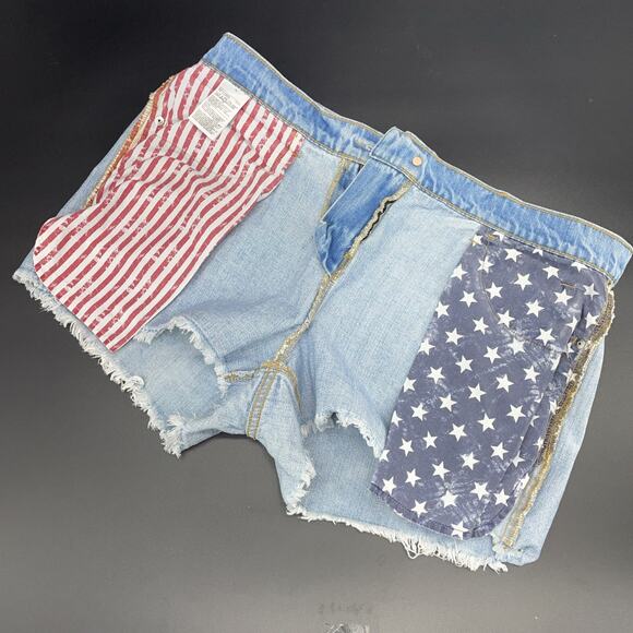 Old Navy Womens 12 Boyfriend Denim Cutoff Shorts Americana USA Stars Stripes - Picture 8 of 8